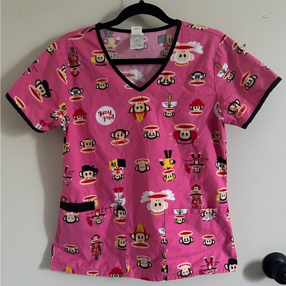 Paul Frank Julius Monkey Pink Cartoon Print Scrub Top Size XS - Picture 2 of 10